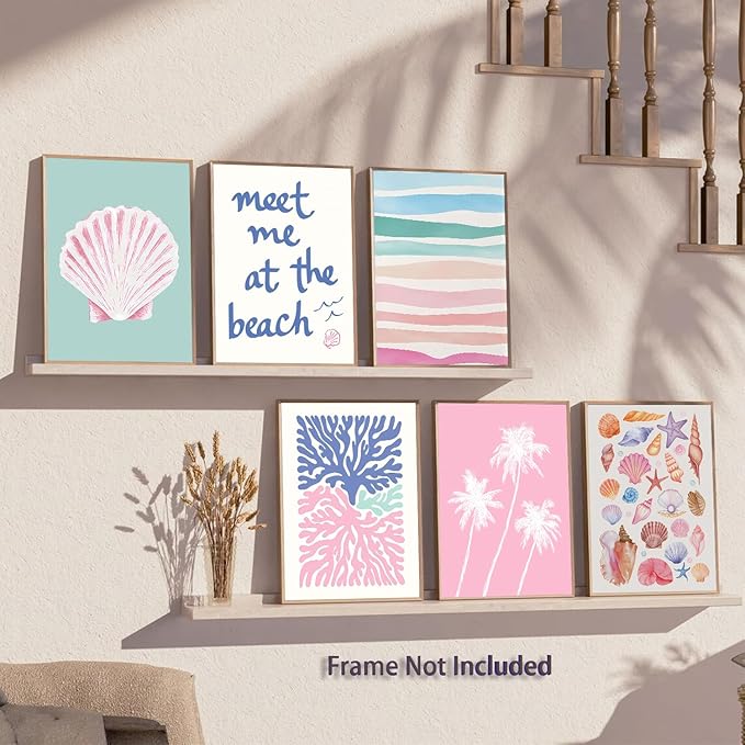 6 Pcs Coastal Beachy Wall Art Tropical Summer Shell Ocean Paintings Prints Posters Trendy Pink Preppy Palm Tree Canvas Wall Decor Aesthetic for Bedroom Living Room Dorm Apartment 8x10inch Unframed-CasaMuseHome