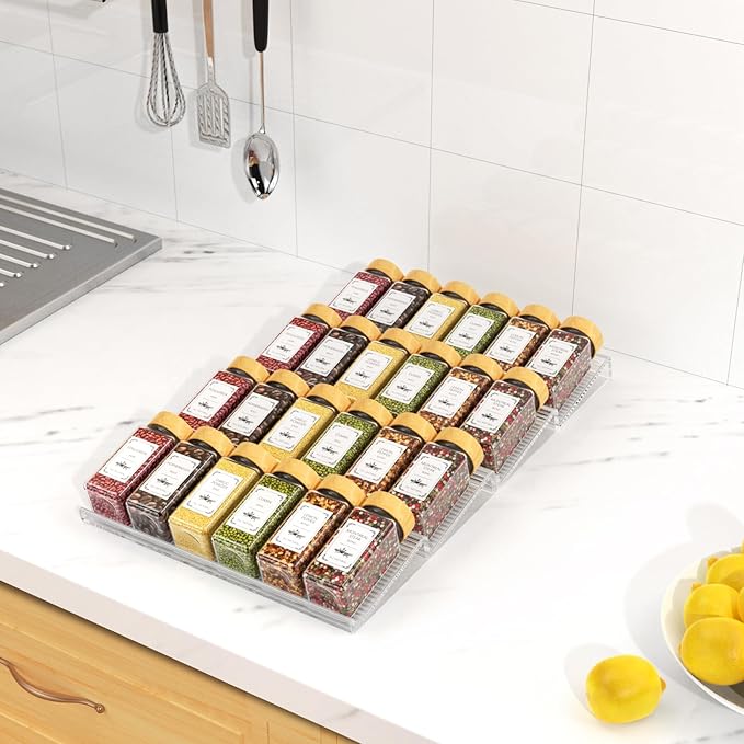 24 Spice Jars with Spice Drawer Organizer, 355 Spice Labels, 4 Pack Expandable From 11'' to 21'' Acrylic Spice Rack for Drawer, Seasoning Containers Storage Organization for Kitchen Cabinet Countertop-CasaMuseHome