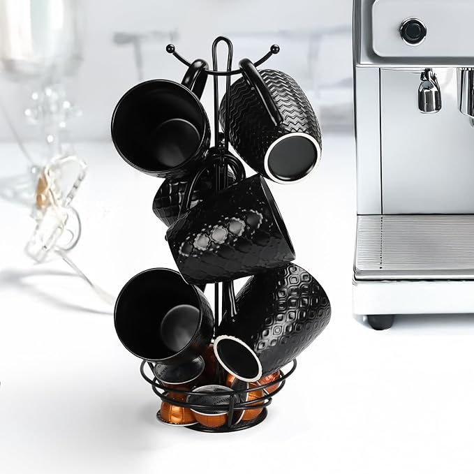 16 OZ Bone Coffee Mugs Set of 6 Matte Black, Large Ceramic Coffee Mugs Set with Different Texture Patterns, Porcelain Cups with Handle for Espresso Latte Tea Milk-CasaMuseHome