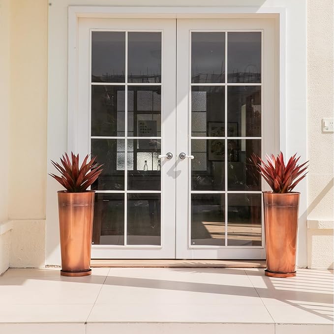 28in Tall Antique Copper Metal Vintage Planter Set of 2,Galvanized Steel Planter Pots for porches/Indoor/Outdoor/terraces Patio- Copper Color(2planters,2inner pots with Holes, 2trays)-CasaMuseHome