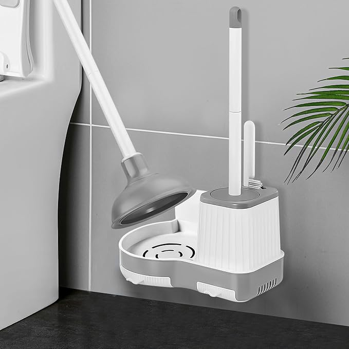 2 Pack Toilet Brush and Plunger Set, 3 in 1 Toilet Bowl Brush and Holder with Crevice Cleaning Brush Wall Mounted Household Bathroom Cleaning Tools Combo(2)-CasaMuseHome