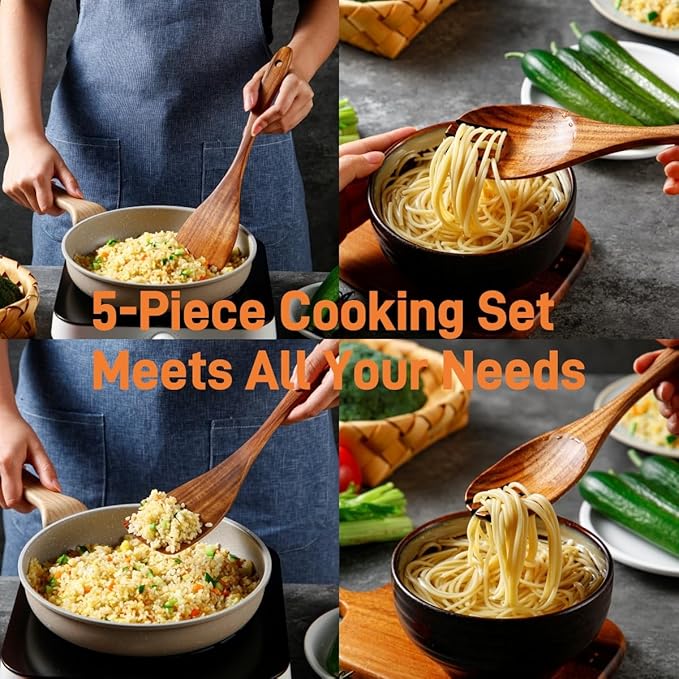 5 Piece Wooden Spoons for Cooking - Natural Finish Wooden Cooking Utensils - Soft Grip Wood Spoons - Non-Stick Wooden Spoons-CasaMuseHome