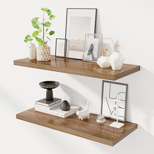 32" Floating Shelves for Wall, 12" Deep Slim Walnut Floating Shelves, Wall-Mounted Shelves for Bedroom, Living Room, Kitchen, Bathroom - Set of 2-CasaMuseHome