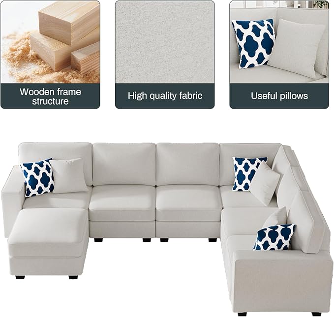 L Lengend Vansen Modular Sectional Sofa U Shaped Couch with Ottoman Modern Reversible Corner Sectional Couch for Living Room (Cream, U Shaped Sofa-2)-CasaMuseHome