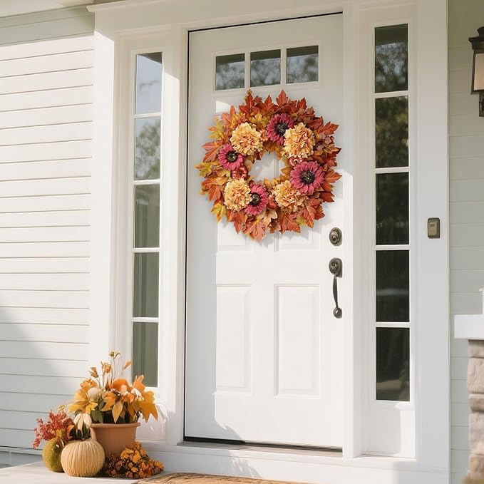 28'' Large Fall Wreath for Front Door, Porch, Window- Artificial Maple Leaves Faux Sunflower Hydrangea Pumpkins Outdoor Autumn Wreath for Home, Farmhouse Wall Thanksgiving Day Harvest Festival Decor-CasaMuseHome