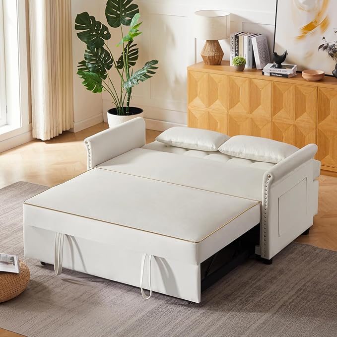 58" Velvet Sofa Bed, 3-in-1 Convertible Pull-Out Sleeper Sofa & Couch with Storage Bag and Adjustable Backrest,Perfect for Small Spaces, Living Room, or Office-CasaMuseHome