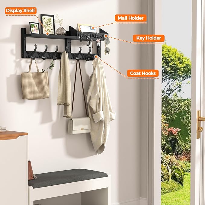 29" Coat Rack Wall Mount with Shelf, 4 in 1 Wall Mounted Coat and Key Hanger with 11 Hooks, Entryway Key Holder with Mail Holder for Living Room, Bedroom, Black-CasaMuseHome