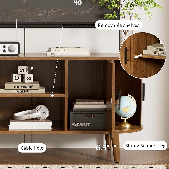 51" Fluted TV Stand, Mid-Century Modern Entertainment Center for Tvs up to 60" with Drawers and Fluted Doors, Curved TV Media Console Table with Sliding Doors for Living Room, Bedroom (51")-CasaMuseHome