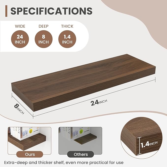 24 Inch Floating Shelves, 8 Inch Deep Floating Shelves for Wall, Hanging Shelf with Invisible Brackets, Deep Shelves for Bathroom, Bedroom, Living Room, Walnut, Set of 2-CasaMuseHome