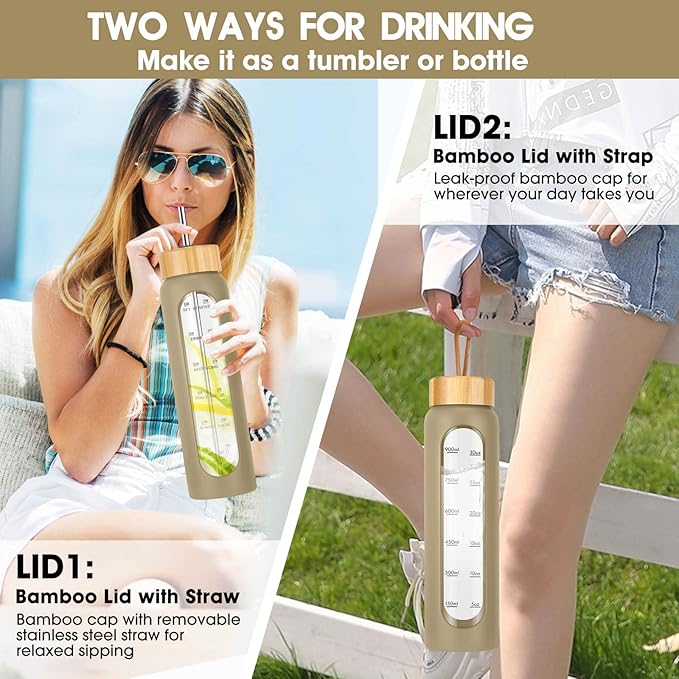 32 oz Glass Water Bottle with Straw - Motivational Time Marker & Silicone Sleeve - Reusable Tumbler Includes 2 Bamboo Lids & Fruit Infuser - 1 Pack-CasaMuseHome