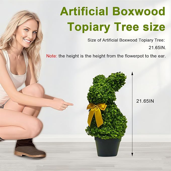 2 Pcs Artificial Bunny Shaped Topiary Trees, Artificial Green Boxwood Bunny Decorations with Gold Bow, Perfect for Indoor & Outdoor Front Porch, Easter& Garden Decor (Bunny Tree with Base)-CasaMuseHome