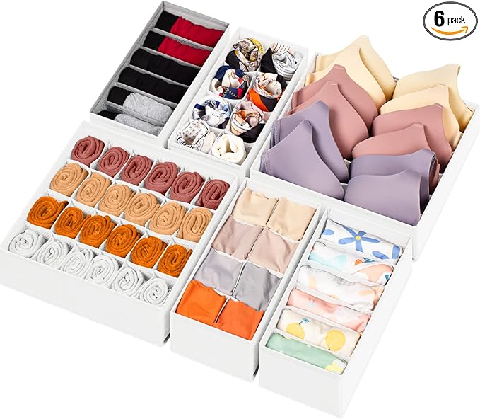 6 Pack Sock Underwear Drawer Organizer Dividers, 58 Cell Foldable Fabric Dresser Closet Organizers and Storage Bins for Clothing, Baby Clothes, Bra, Panty, Scarf, Ties (White)-CasaMuseHome