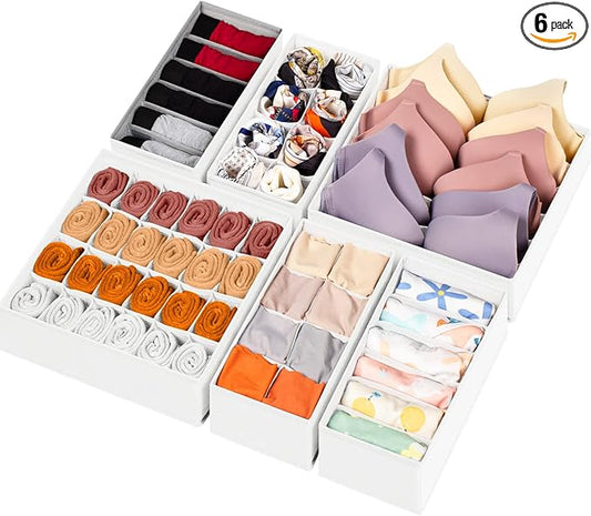 6 Pack Sock Underwear Drawer Organizer Dividers, 58 Cell Foldable Fabric Dresser Closet Organizers and Storage Bins for Clothing, Baby Clothes, Bra, Panty, Scarf, Ties (White)-CasaMuseHome