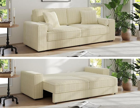 91-Inch Corduroy Pull Out Couch with Storage, Convertible Queen Sleeper Sofa with Pull Out Bed, Hide a Bed Couches for Bedroom, Guest Room, Apartment, Small Places, RV (Beige)-CasaMuseHome