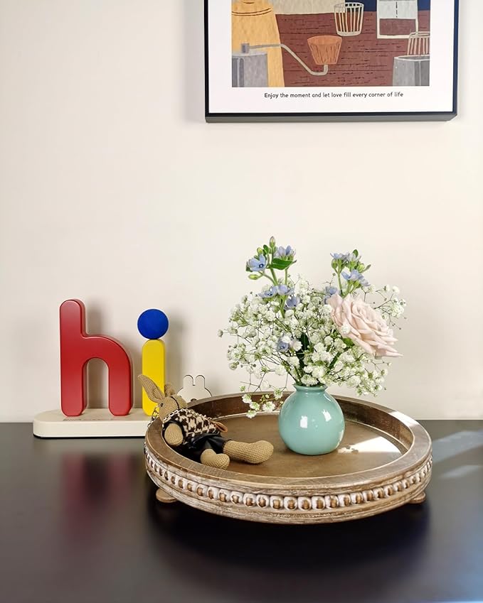 12 Inches Rustic Wooden Decorative Tray, Small Round Beaded Wood Tray for Kitchen Dinning Table Centerpiece Decor Entryway Living Room Home Decor, Brown-CasaMuseHome
