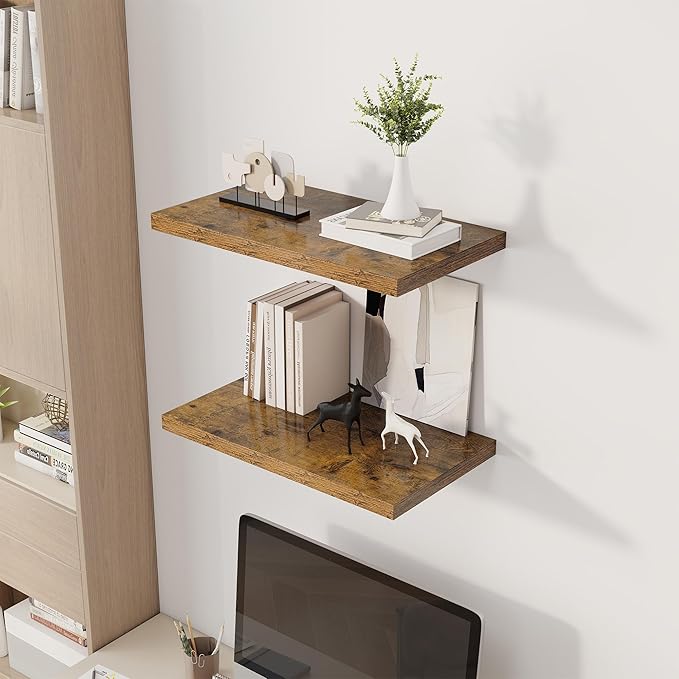 24" Floating Shelves for Wall, 12" Deep Slim Rustic Brown Floating Shelves, Wall-Mounted Shelves for Bedroom, Living Room, Kitchen, Bathroom - Set of 2-CasaMuseHome