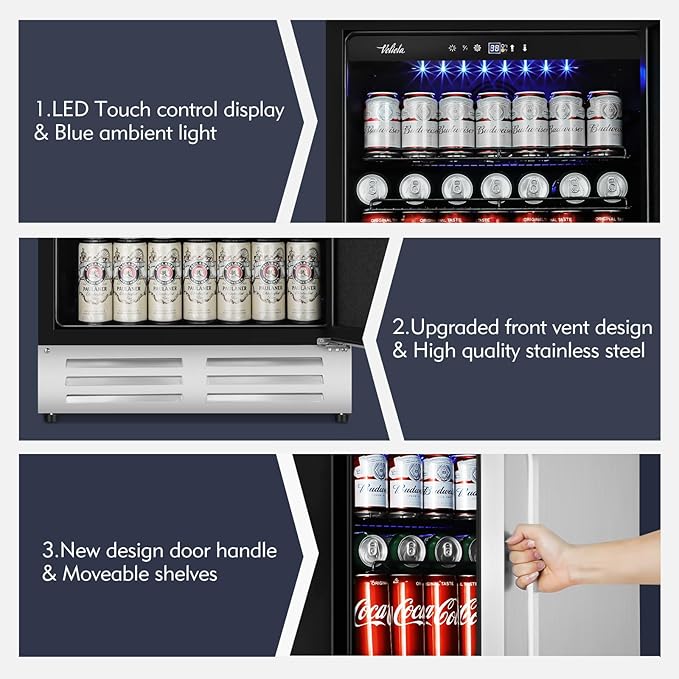 24 Inch Outdoor Beverage Refrigerator Cooler,Stainless Steel Wide Refrigerator for 210 Cans,Fit Perfectly for 24" Space Built-in Counter or Freestanding with powerful and quiet cooling system-CasaMuseHome