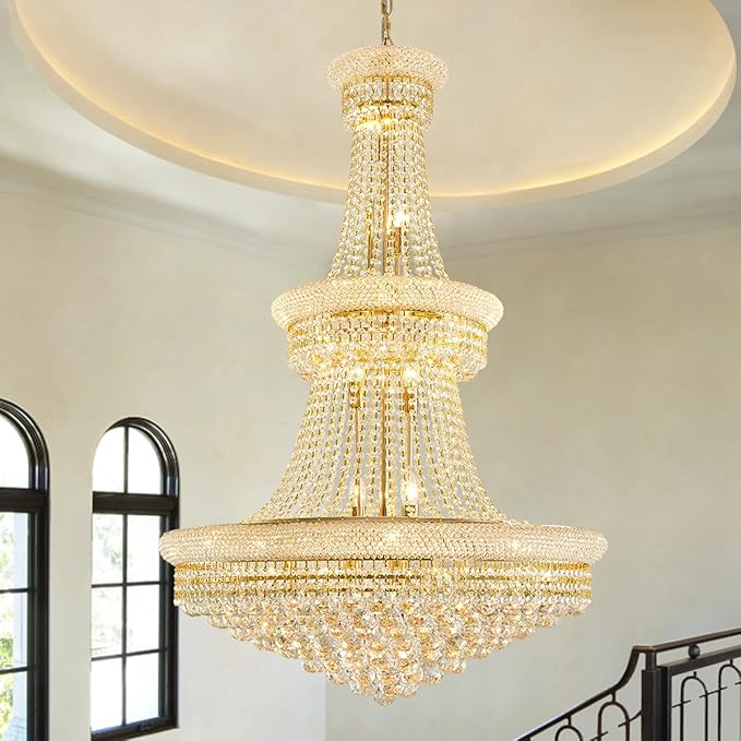 19-Lights High Ceiling Chandelier Modern Gold Crystal Chandeliers Large Foyer Chandelier Fixtures for Staircase Living Room Hallway Entryway (H47 x W31.5)-CasaMuseHome