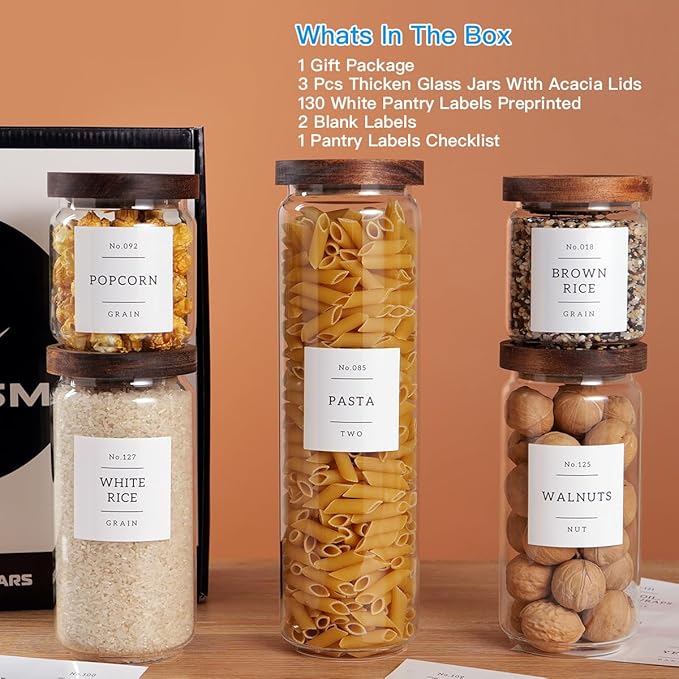 5 Set Glass Pantry Storage Jars with Acacia Airtight Lid - Thicken Glass Kitchen Canisters with 132 Pantry Labels - Clear Glass Food Storage Containers with Wood Lid for Tea,Sugar,Candy,Cookie,Pasta-CasaMuseHome
