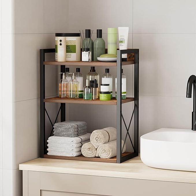 3-Tier Kitchen Spice Rack Organizer for Countertop, Coffee Counter Shelf, Mug Shelf, Bathroom Counter Organizer, Makeup Organizer, Rustic Brown and Black-CasaMuseHome