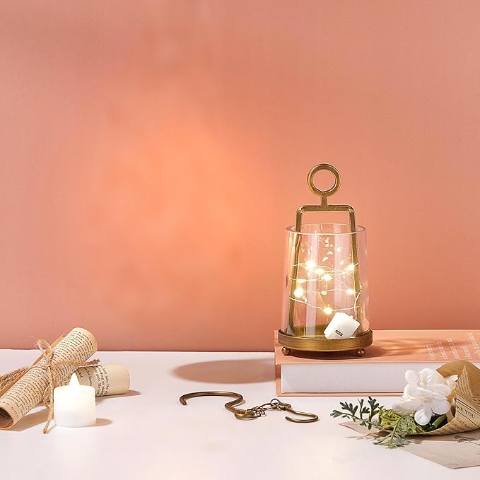 3'3" Wide Modern Metal Hurricane Lantern with Handmade Sturdy Glass Sleeve in Brass for Tealight Candle & Plants, Farmhouse Hurricane Industrial, Minimalistic, Shabby Chic (1, Brass, 3.3"x5.2")-CasaMuseHome