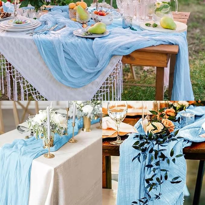 12 Pack Baby Blue Cheesecloth Table Runner 20 x 120 Inch Long Rustic Gauze Cheese Cloth Table Runner for Wedding 10FT Bridal Baby Shower Table Decorations Boho Fabric Sheer Birthday Party Table Decor-CasaMuseHome