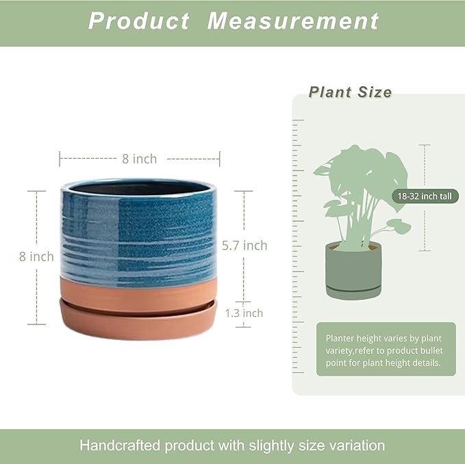 8 Inch Pots for Plants, Ceramic Planter Pot with Drainage Hole & Saucer, Indoor/Outdoor Cylinder Round Planter Pot, Blue & Terracotta-CasaMuseHome