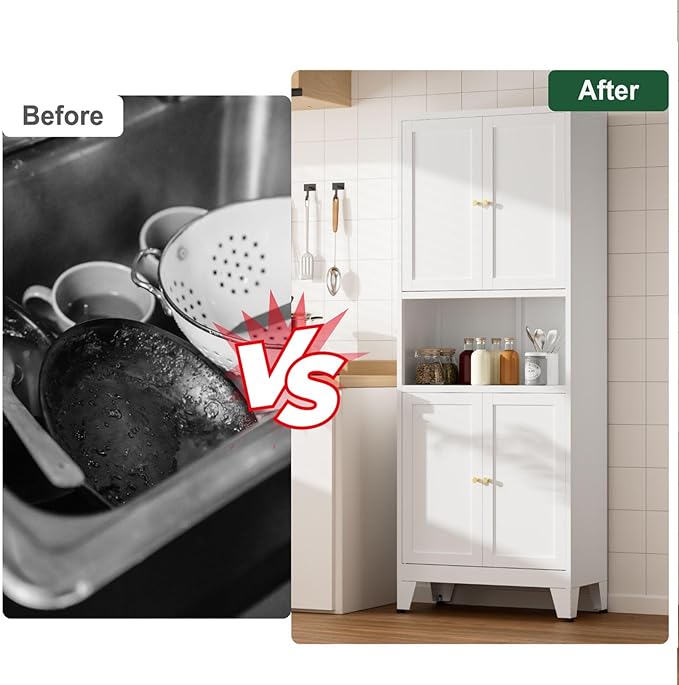 69" Tall Kitchen Pantry Cabinet, Metal Storage Cabinet with 4 Doors and Adjustbale Shelves, Freestanding Cupboards for Dining Room, Living Room, Bathroom-CasaMuseHome