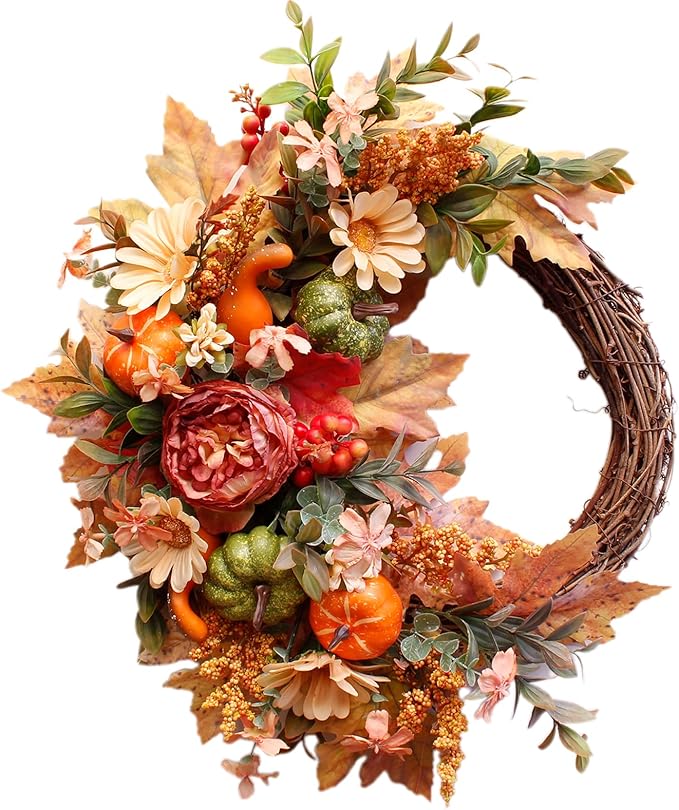 20Inch Fall Wreaths for Front Door,Fall Decorations for Home,Autumn Wreaths with Pumpkin Peony Sunflowers Berry Wreaths,Fall Door Wreath for Thanksgiving Halloween Farmhouse Home Outdoor Indoor Decor-CasaMuseHome