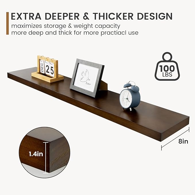 48 Inch Fireplace Mantel - 8 Inch Deep Rustic Premium Solid Pine Wood Floating Shelf - Farmhouse Wall Mounted Display Shelf - Heavy-Duty Metal Bracket - 48"W x 8"D - Set of 1 - American Walnut Color-CasaMuseHome