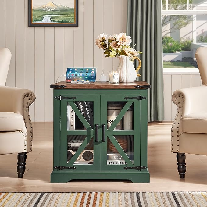 24" End Table with Charging Station, Farmhouse Night Stand with Glass Barn Door, Green Nightstands with Adjustable Storage Shelf, Large Wood Square Bed Side Table for Living Room, Bedroom-CasaMuseHome