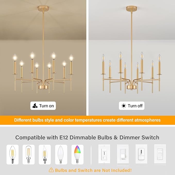 8 Light Gold Chandelier Light Fixture, Modern Farmhouse Chandeliers for Dining Room Light Fixture, Metal Candle Pendant Chandelier for Foyer Entryway Stairs Living Room Bedroom Kitchen-CasaMuseHome