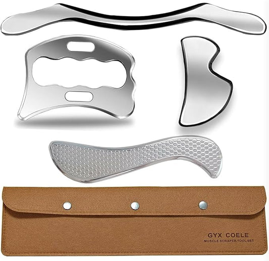 4 in 1 Stainless Steel Muscle Scraper Tool Set, IASTM Physical Therapy Massage Tools, Gua Sha Massage Scraping Tool with Storage Case-CasaMuseHome
