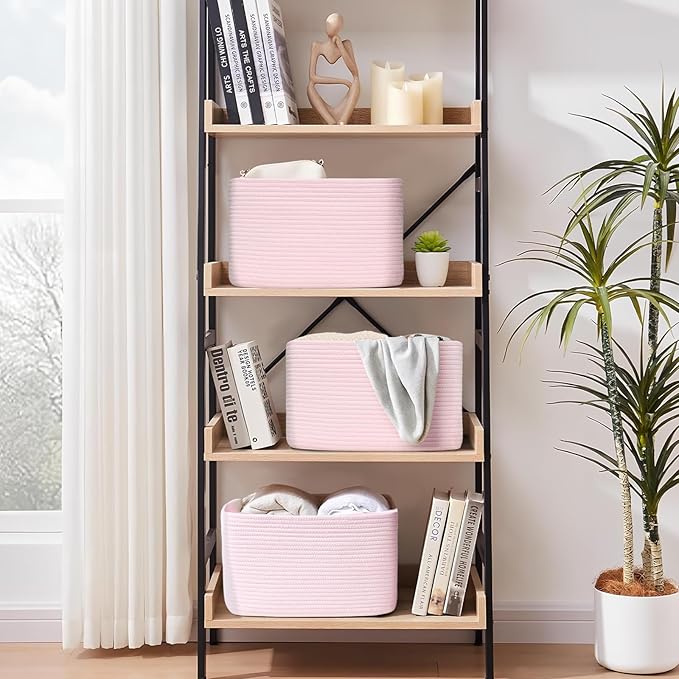 3-Pack Shelf Baskets for Organizing, Woven Storage Basket for Shelves, Cotton Rope Storage Bins for Toys Books, Nursery Towel Baskets for Classroom, 14.96"X9.8"X8.85", Pink-CasaMuseHome