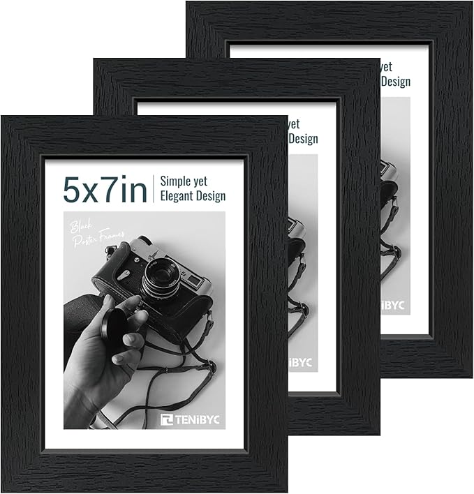 5x7 Picture Frame 3 Pack - Black Woodgrain, Solid Wood & HD Tempered Glass, Table Display or Wall Hanging-CasaMuseHome