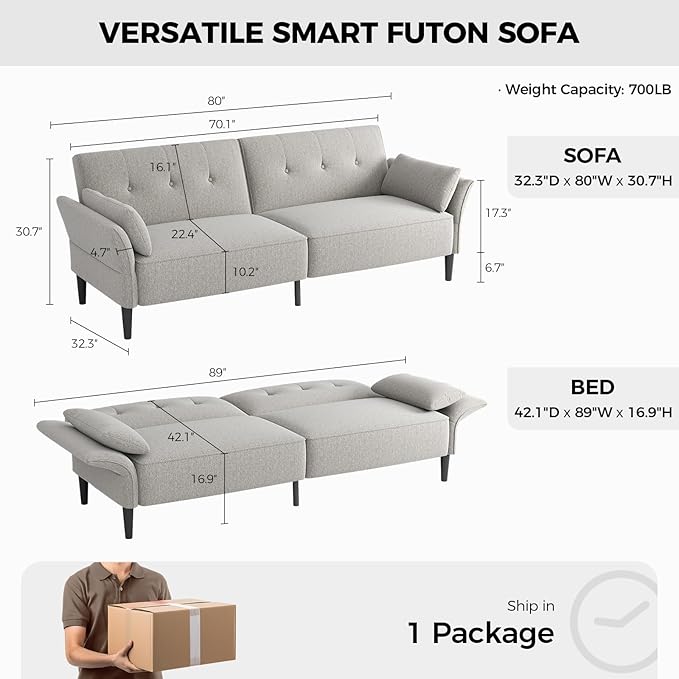 89” Futon Sofa Bed, Linen Comfy Futon Couch Bed with 2 Square Pillows, Convertible Sleeper Sofa with Adjustable Backrest& Armrests, Modern Loveseat Sleeper for Living Room, Bedroom, Light Gray-CasaMuseHome