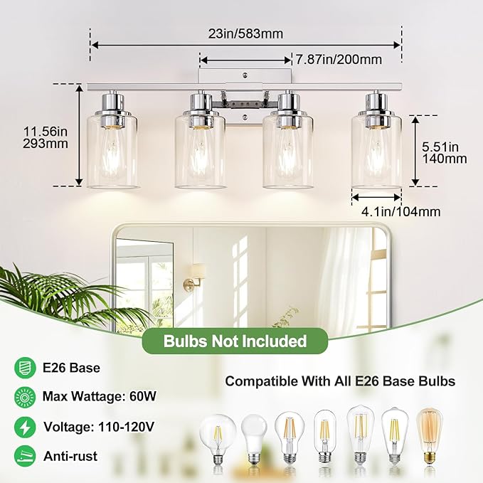 4 Light Bathroom Light Fixtures, Chrome Vanity Lights with Clear Glass Shades, Modern Bathroom Light Fixtures Over Mirror, Modern Bathroom Wall Lamp for Mirror Living Room Cabinet-CasaMuseHome