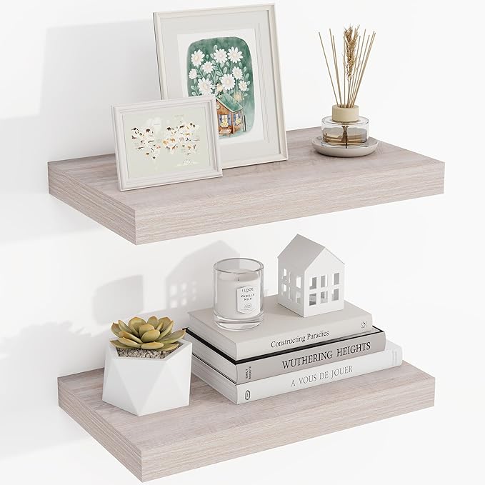 16 Inch Floating Shelves, 3D Textured Wood Grain, 16"x9.25"x1.5" Inch Deep Floating Shelves for Wall, Wooden Shelves for Bathroom, Bedroom, Living Room, Washed White-CasaMuseHome