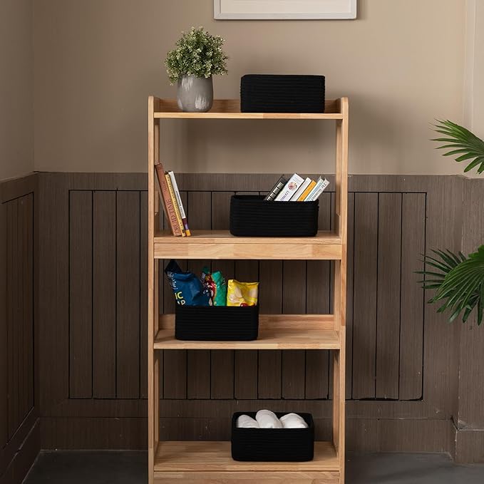4 Pack Small Storage Shelf Baskets for Organizing, Mini Woven Rope Storage Bins for Towels, Cute Decorative Closet Organizer，Baby Nursery, Gift Empty Baskets -11.81''Lx7.87''Wx4.72''H-Black-CasaMuseHome