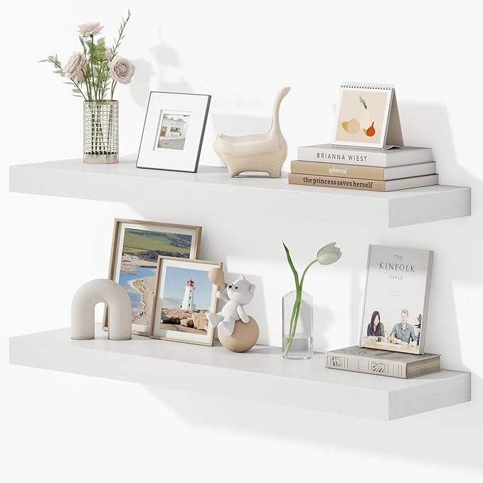 36 Inches Floating Shelves for Wall, 9.3" Deep Long Floating Shelves Set of 2, Large Display & Storage Shelf, Wall Shelf for Bathroom Bedroom Living Room Kitchen Office, White-CasaMuseHome