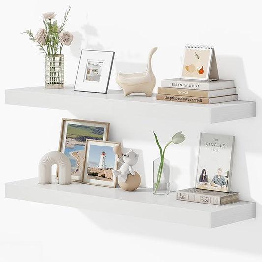 36 Inches Floating Shelves for Wall, 9.3" Deep Long Floating Shelves Set of 2, Large Display & Storage Shelf, Wall Shelf for Bathroom Bedroom Living Room Kitchen Office, White-CasaMuseHome