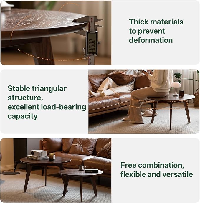 100% Solid Oak Wood Coffee Table Set, Round Coffee Table Combo Side Table w/Solid Wood Legs, Mid Century Table Sturdy Tables for Bedroom Balcony Living Room (Walnut, Big-Medium Combo)-CasaMuseHome