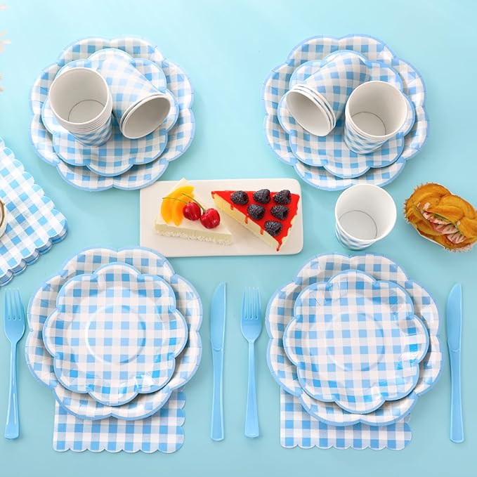350 Pcs Blue Gingham Plates and Napkins Party Supplies - Blue and White Checkered Plates Sets Serve 50 Guests - Scalloped Gingham Paper Plate for Birthday Dinner Wedding Baby Shower Party Decorations-CasaMuseHome