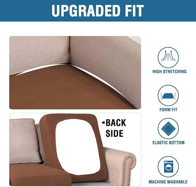 H.VERSAILTEX Super Stretch Individual Seat Cushion Covers Sofa Covers Couch Cushion Covers Slipcover Sets Thick Jacquard Textured Twill Fabric (2 Piece Medium Sofa Cushion Covers, Caramel)-CasaMuseHome