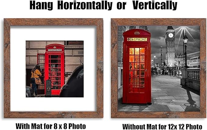 12x12 Picture Frame Set of 6, Display Pictures 8x8 with Mat or 12x12 Without Mat for Wall Mounting,Rustic Brown-CasaMuseHome