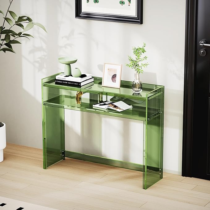 Acrylic Console Table, Entryway Table with Storage Shelves (Green)-CasaMuseHome