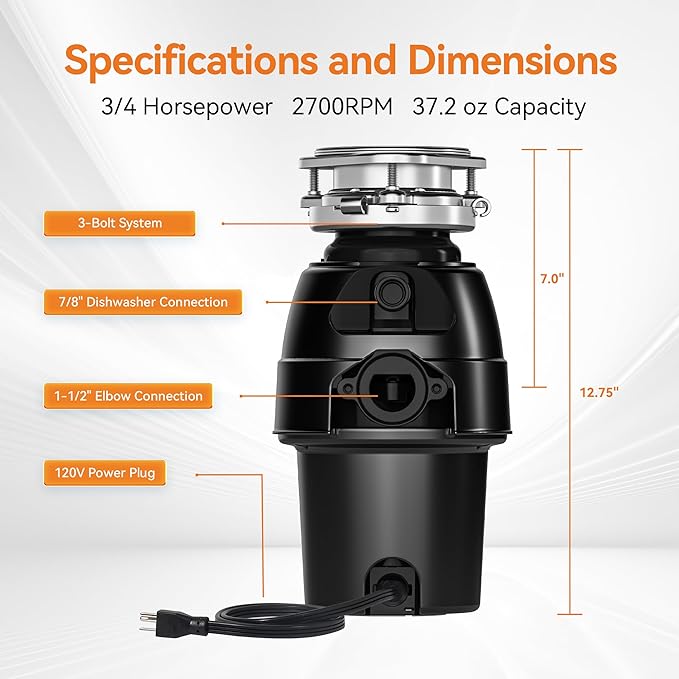 3/4 HP Garbage Disposal, TECASA Food Garbage Disposal with Power Cord, Stainless Steel Grinding System and 3-Bolt Mounting, Continuous Feed Garbage Disposals, Quiet, Taskmaid Series 75-CasaMuseHome