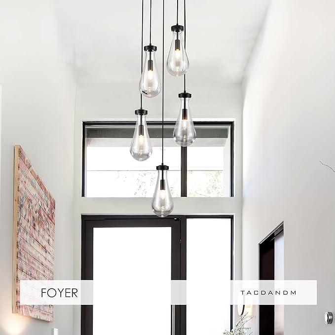 5-Light Raindrop Pendant Light Fixtures, Black Glass Pendant Lighting, Teardrops Modern Hanging Light for Entryway Foyer Kitchen Island Dining Living Room Hallway-CasaMuseHome