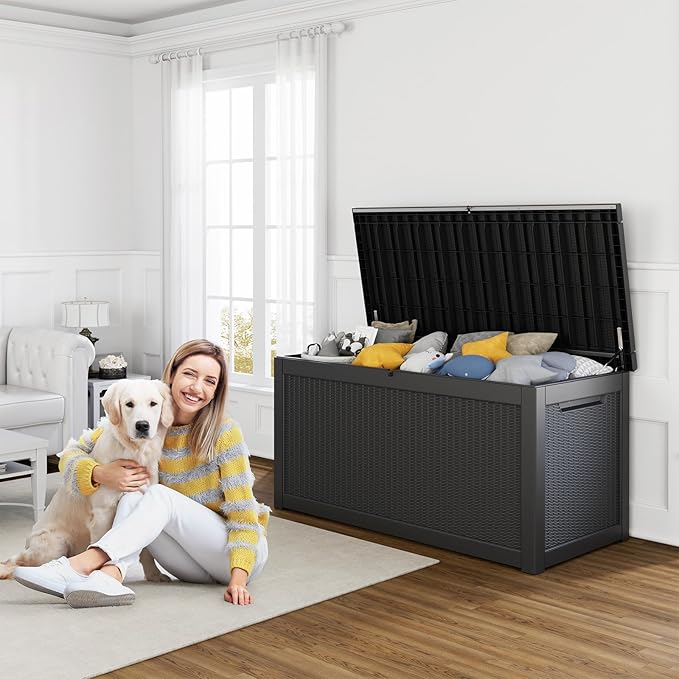 260 Gallon Resin Deck Box, Lockable Patio Outdoor Storage Box for Furniture, Garden Tools and Tools Storage, Waterproof Outside Storage Boxes - Black-CasaMuseHome