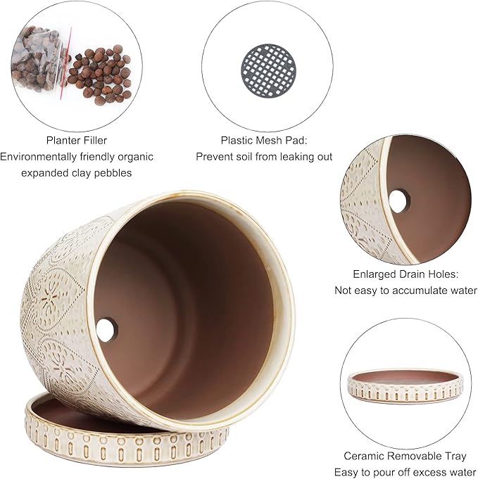 8 Inch Indoor Plant Pot with Drainage Holes and Saucers, Ceramic Planter for Plants, Succulent Orchid Flower Pots-CasaMuseHome